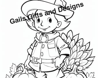 Child Dressed as Pilgrim Coloring Page for Instant Download, Cute coloring page of a boy or a girl dressed as a Pilgrim for Thanksgiving fun