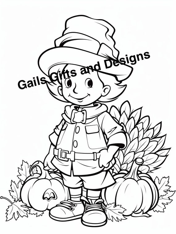 Child Dressed as Pilgrim Coloring Page for Instant Download, Cute coloring page of a boy or a girl dressed as a Pilgrim for Thanksgiving fun