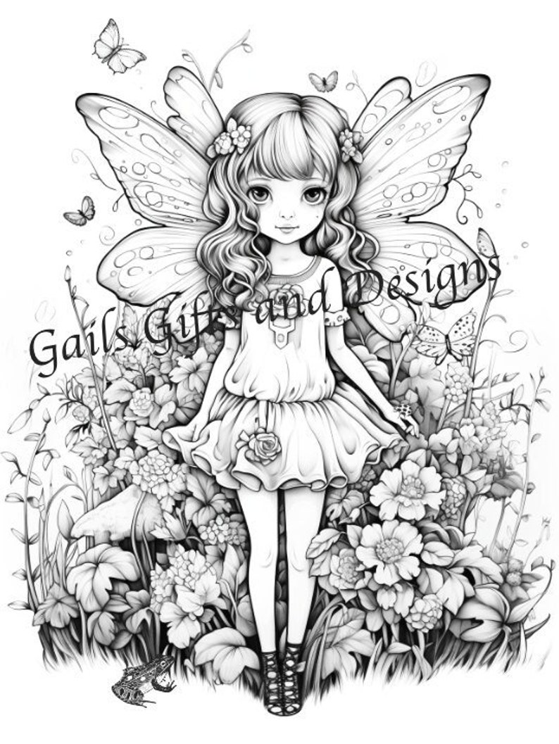 Fairy with Butterflies Coloring Page for Adults Downloadable File Book Five, Amazing Fairy, Fairycore fairy with Flowers and a Ladybug. image 1