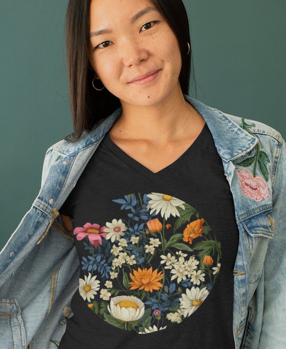 Spring Wildflowers V-Neck Shirt, , wildflower, wildflowers, cottagecore, botanical, gardener gift, vintage wildflowers, boho wildflowers