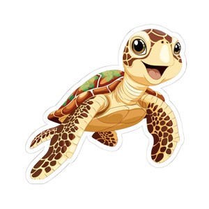 May include: A cartoon illustration of a sea turtle with a smiling face. The turtle has a brown shell with green accents, tan skin, and brown and tan flippers. The turtle is smiling with its mouth open.