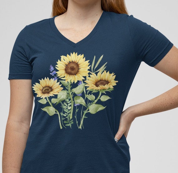 Sunflower Shirt, Floral T-Shirt Short Sleeve V-Neck, sunflower lover, boho sunflowers, cottagecore, vintage floral , floral graphic