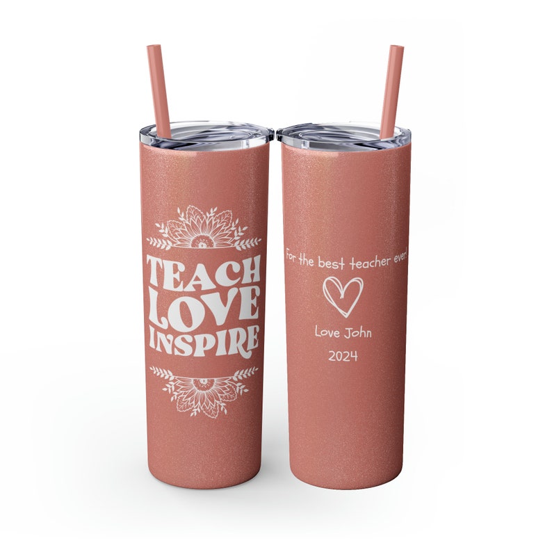 Teacher Gift Personalized Skinny Tumbler with Straw 20oz, Teacher Appreciation Gifts, Elementary Teacher Gifts, Teacher Skinny Tumbler Glitter Dusty Rose