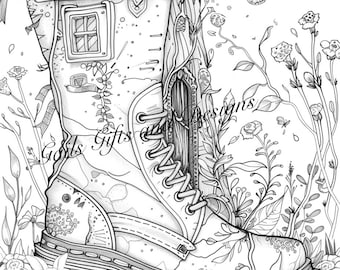 Fairy with Tree House in a Boot Coloring Page for Adults Downloadable File, Amazing Fairy, Fairycore fairy with Flowers and Fairy Boot