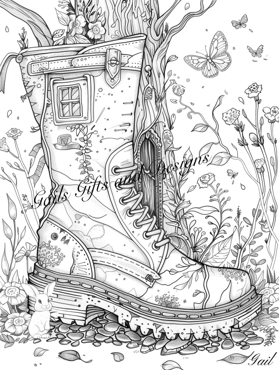 Fairy with Tree House in a Boot Coloring Page for Adults Downloadable File, Amazing Fairy, Fairycore fairy with Flowers and Fairy Boot