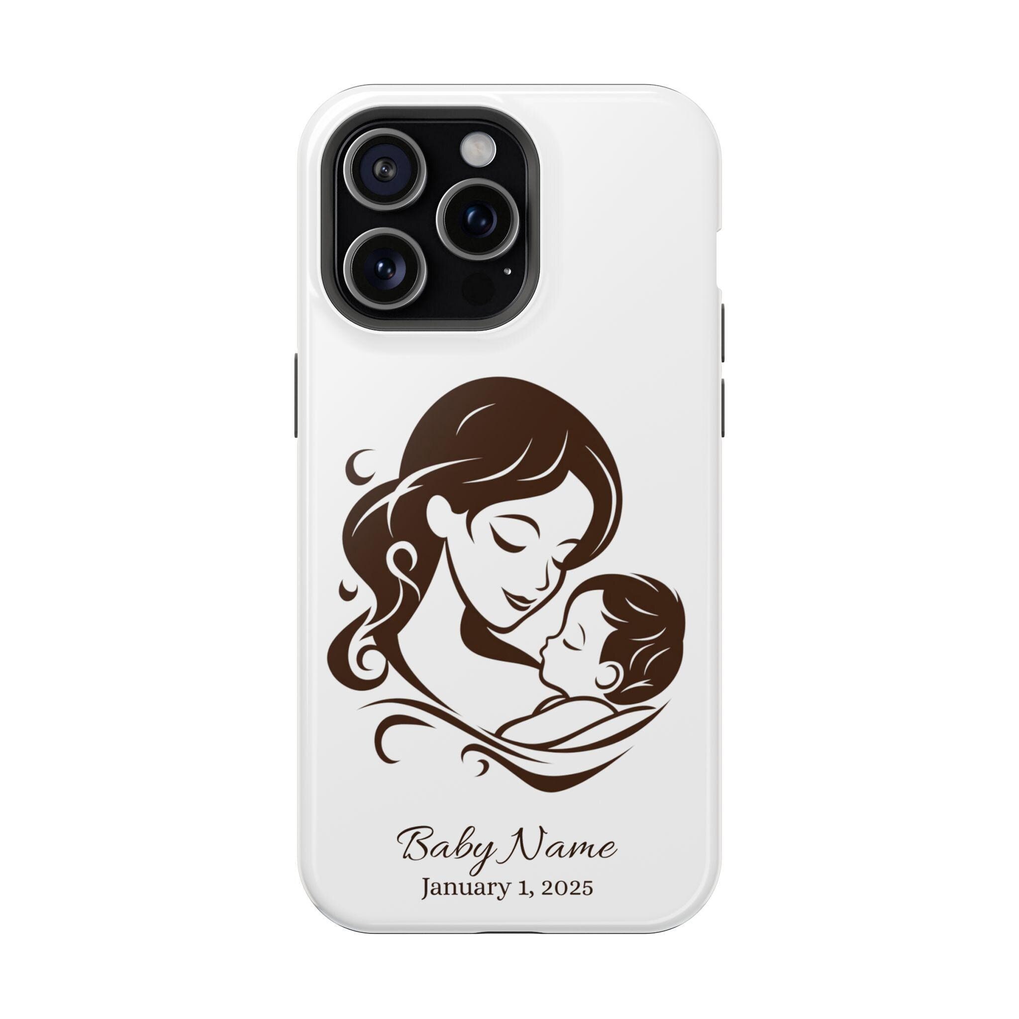 Personalized Mom and Baby Magnetic Safe Tough iPhone 16, 15, 14, 13 Case with Personalization. Custom New Baby iPhone cover, Mother and baby