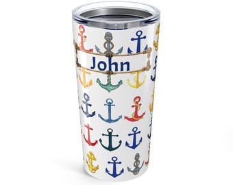 Anchors Personalized Tumbler 20 oz, Custom name and the frame around it are optional. Colorful anchors for your Sailing Enthusiast, Sailor