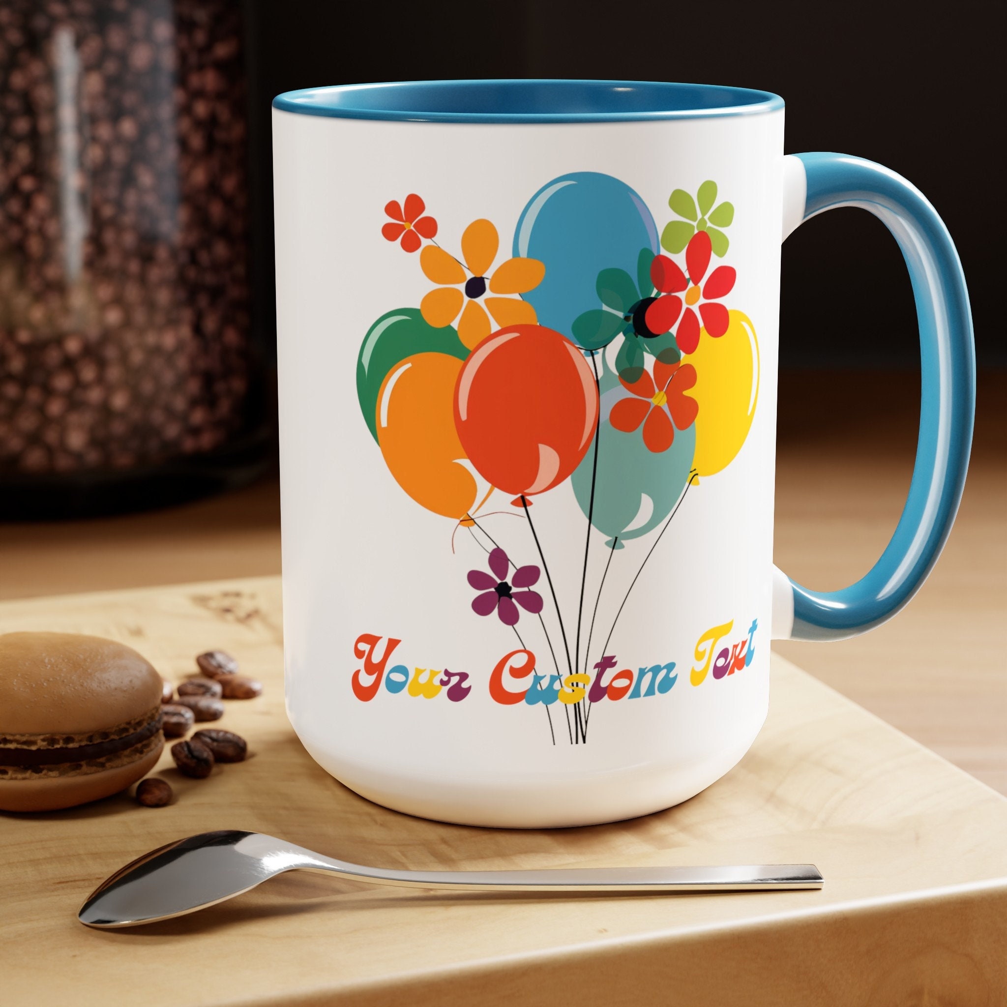 Custom Retro Flowers and Balloons Coffee Cup, 15oz. Beach Bike coffee cup. Great gift for Mom. Great beach gift.