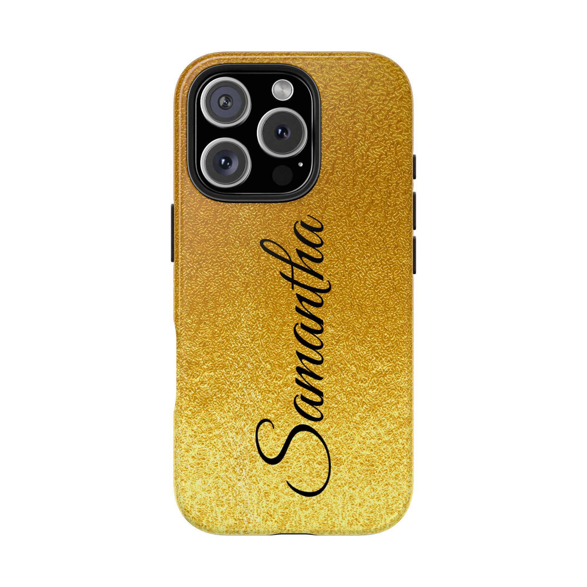 Your Name on Gold Leaf Personalized Tough iPhone 16, iPhone 15, iPhone 14, iPhone 13, iPhone 12 Phone Cases with optional custom name. Bling