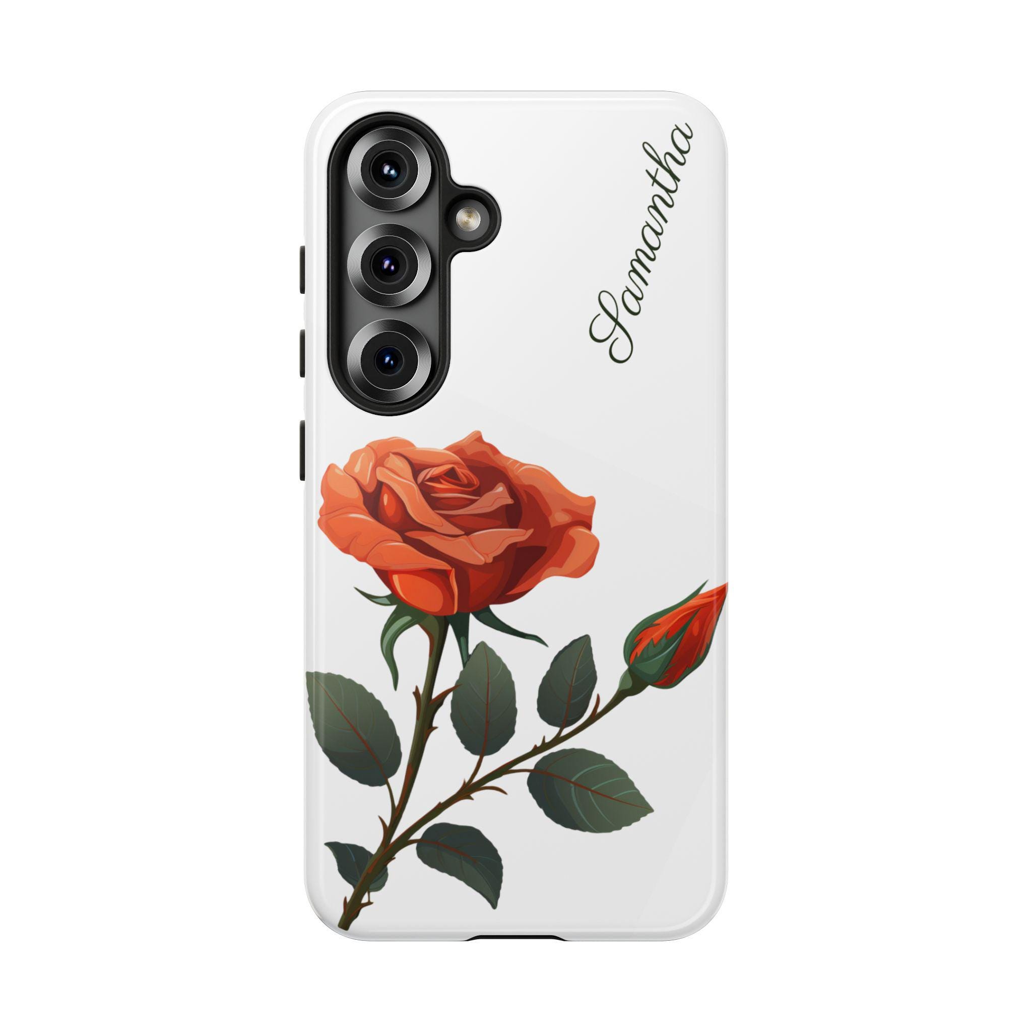 Personalized Orange Rose Samsung Galaxy S25, S24, S23, S22, S21 phone case. Optional Customization for gardeners , Moms, friends - anyone!