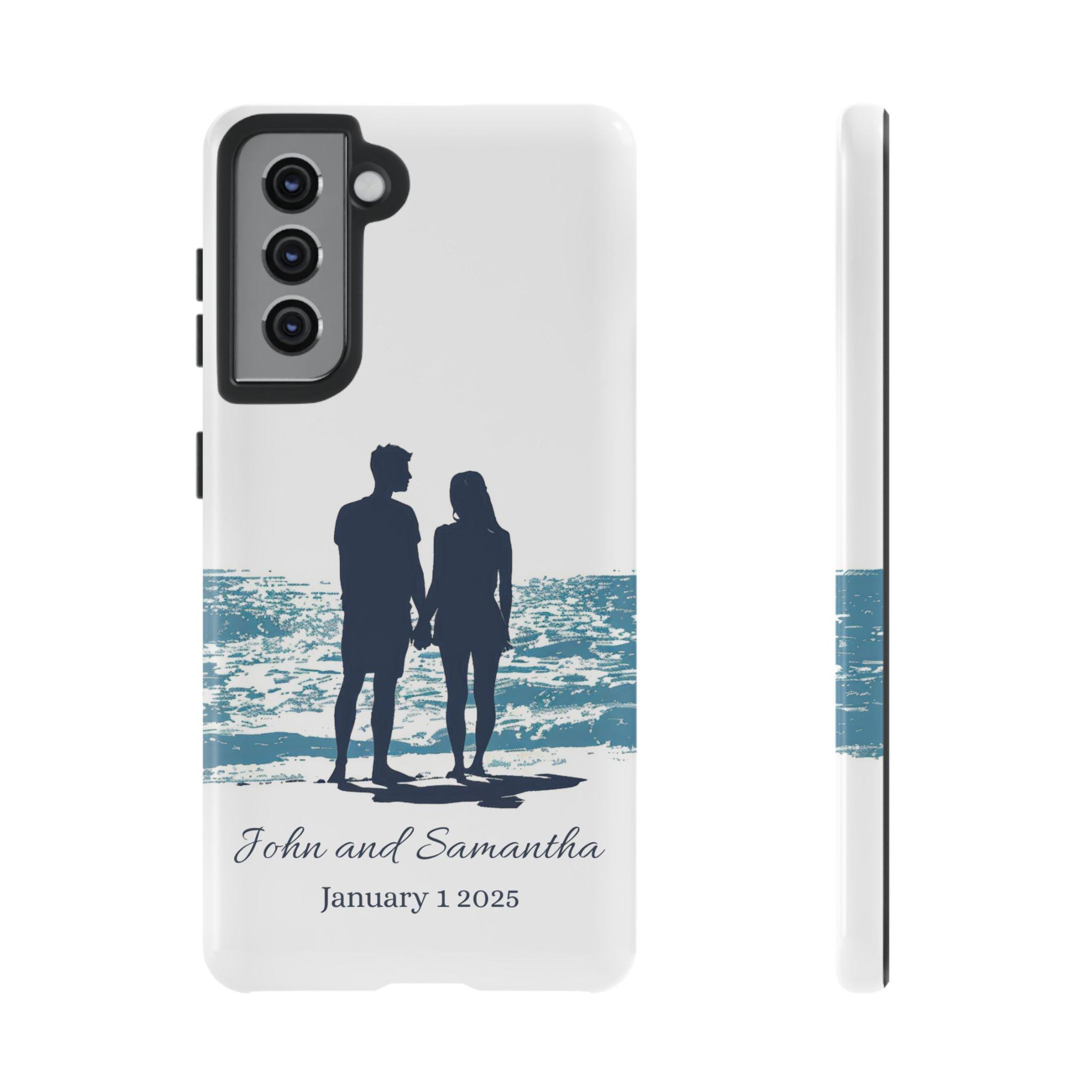 Sandy Toes and Salty Kisses Samsung Galaxy S21, S22, S23, S24 Phone Cases with Personalization. Lovers on the beach. Honeymoon, Bridesmaids