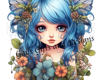 Cute Blue Fairy Downloadable Digital Image, Printable PNG FairyCore Fairy