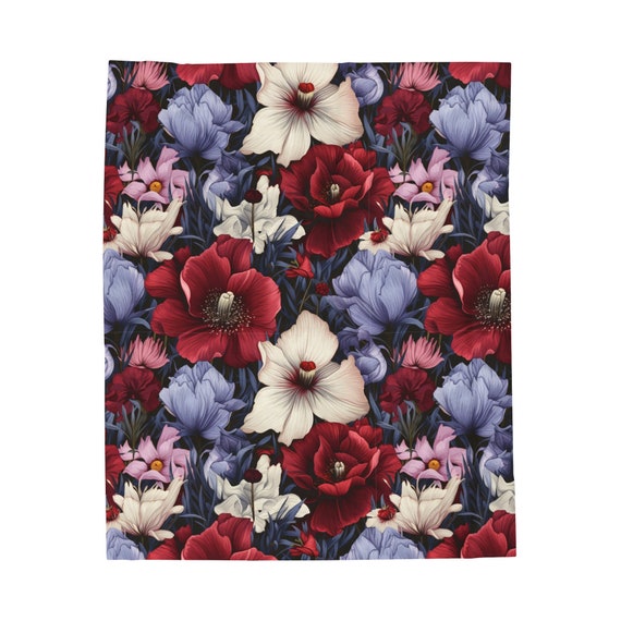 Red and Blue Flowers and Poppies Velveteen Plush Blanket