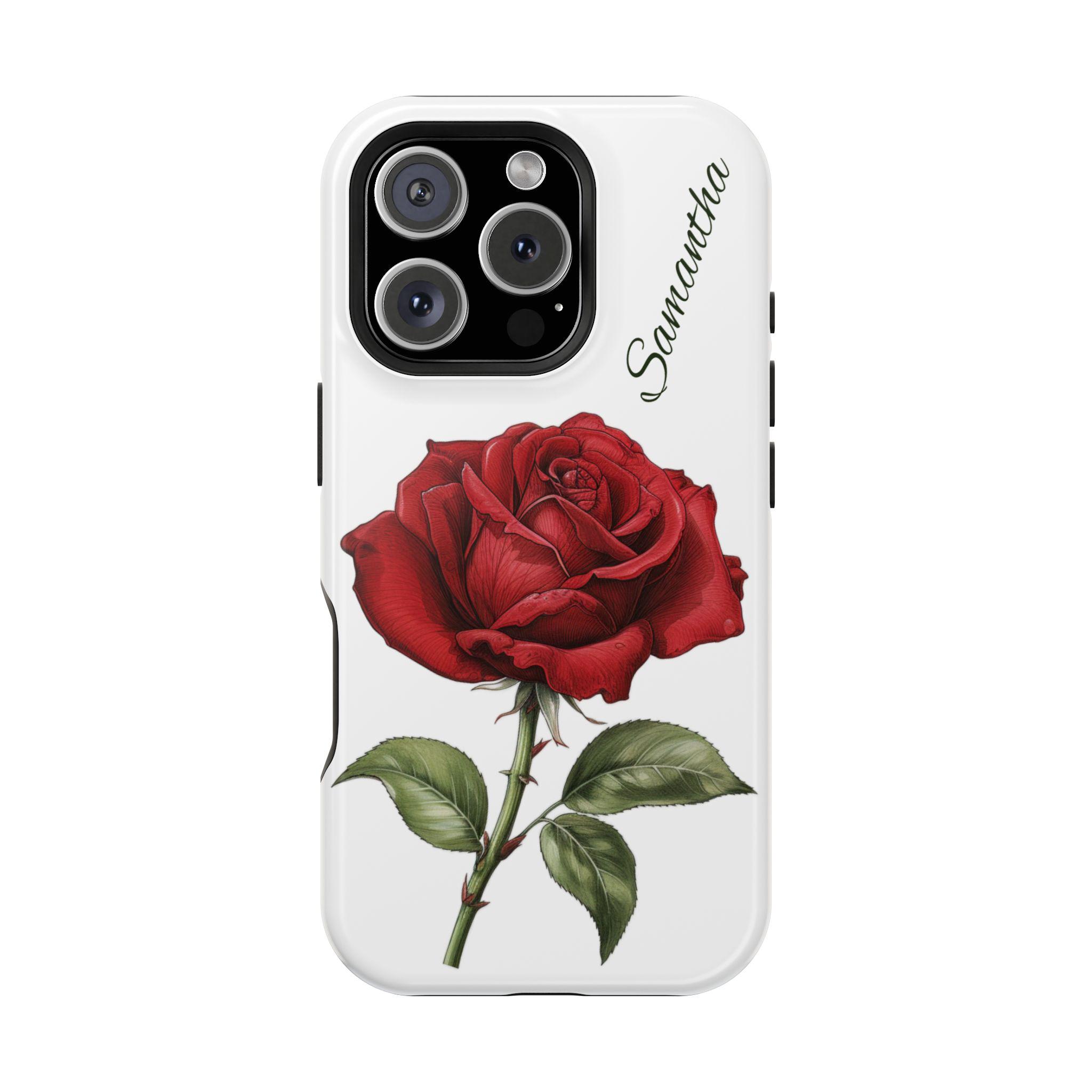 Personalized Red Rose Magnetic Safe  iPhone 16,  iPhone 15, iPhone 14 and iPhone 13 Phone Cases. Personalization is Optional.