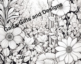 Garden with Flowers Coloring Page for Adults and Children with column, Instant Download, Boho flowers, garden scene for coloring