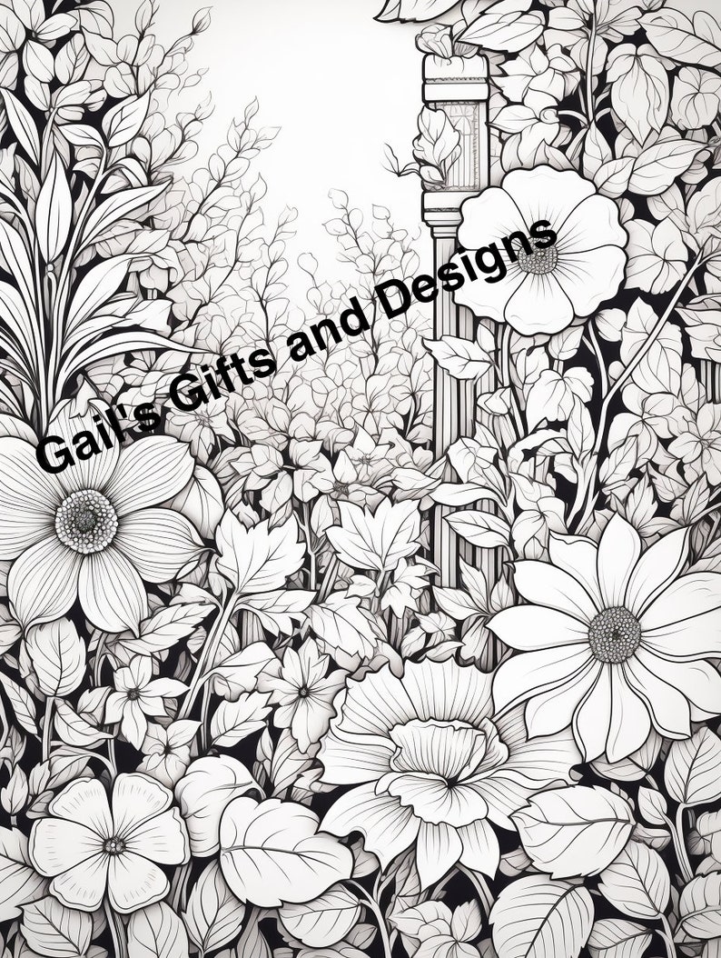 Garden with Flowers Coloring Page for Adults and Children with column, Instant Download, Boho flowers, garden scene for coloring image 1