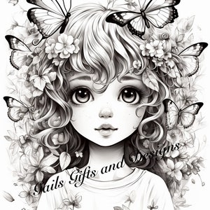 Cute Fairy Coloring Page for Adults Book One, Amazing Fairy, Fairycore fairy with Butterflies, Downloadable File image 3
