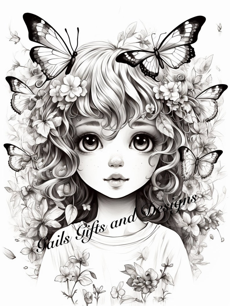 Cute Fairy Coloring Page for Adults Book One, Amazing Fairy, Fairycore fairy with Butterflies, Downloadable File image 3