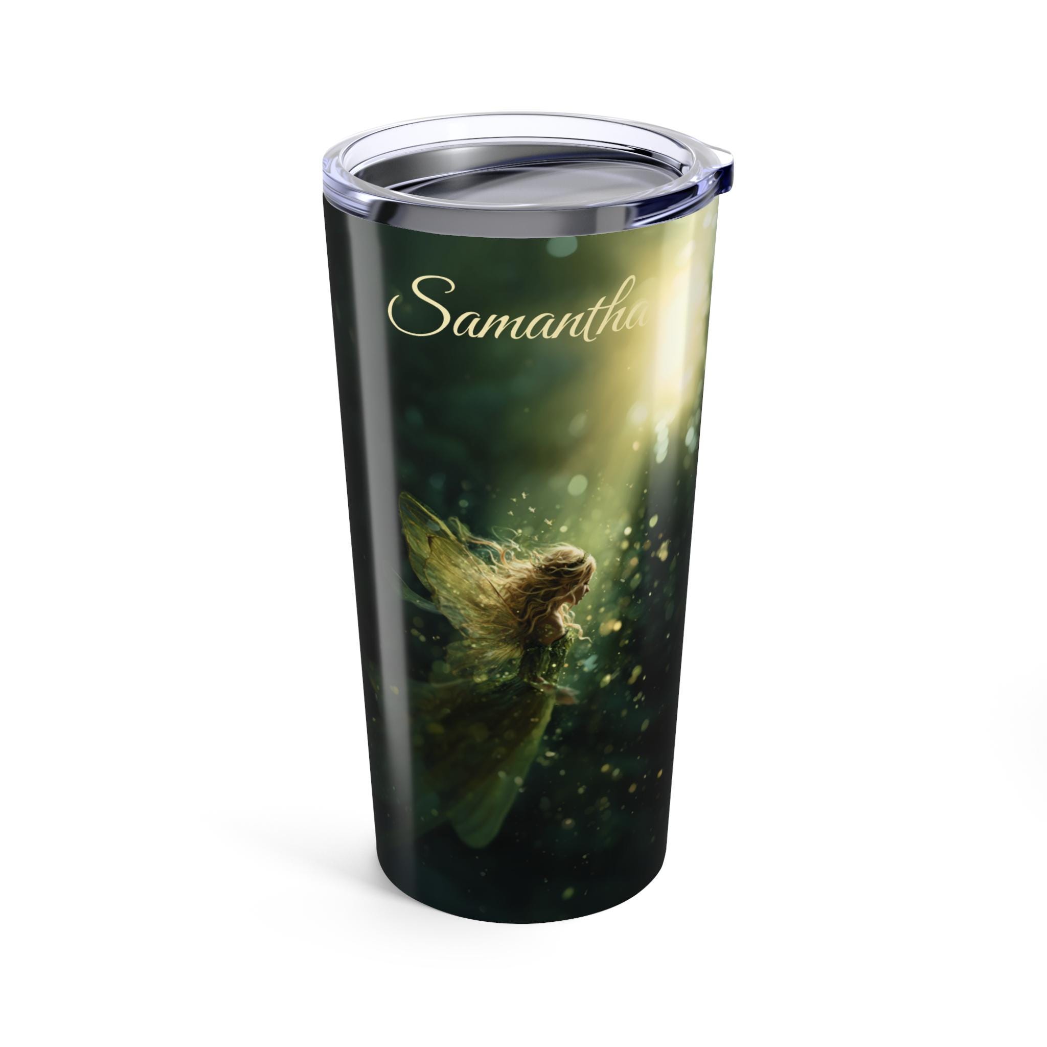 Green Fairy Personalized Tumbler 20oz. Custom name is optional.  Amazing Green Fairy insulated coffee cup. Beautiful Green Fairy.