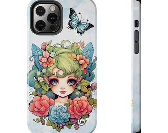 Green Fairy iPhone 12 cases. Pretty Green Fairycore fairy in beautiful Flowercore colors