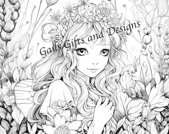 Fairy with Butterflies Coloring Page for Adults Downloadable File Book Six, Amazing Fairy, Fairycore fairy with Flowers and a Ladybug.