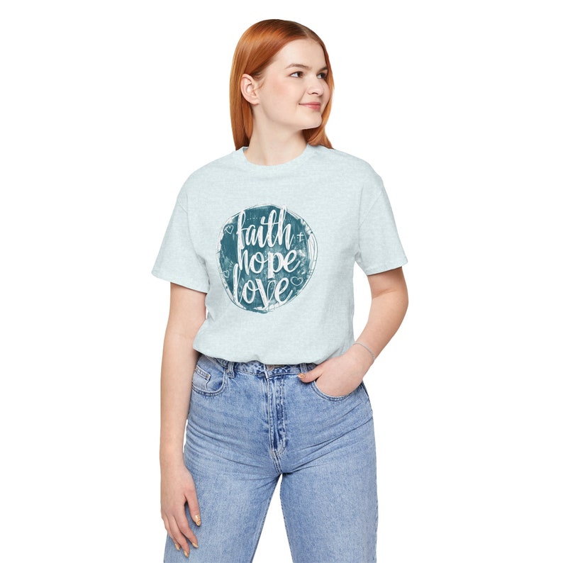 Retro Faith Hope Love Shirt, This is the perfect gift for your Christian friend, wife, daughter or teacher Christian Woman Heather Ice Blue