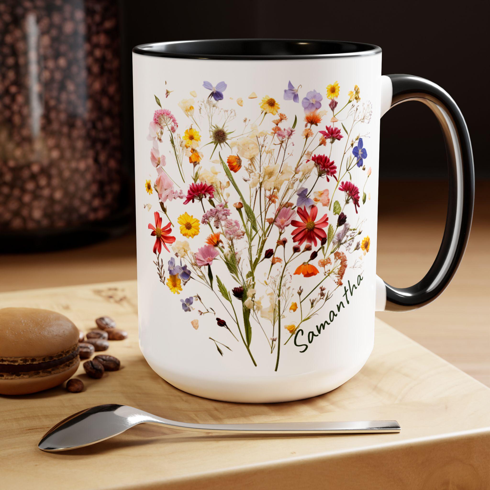 Personalize this Dried Wildflower Coffee Cup with your name in Script, Custom cup, custom Wildflower mug, boho wildflowers, floral cup