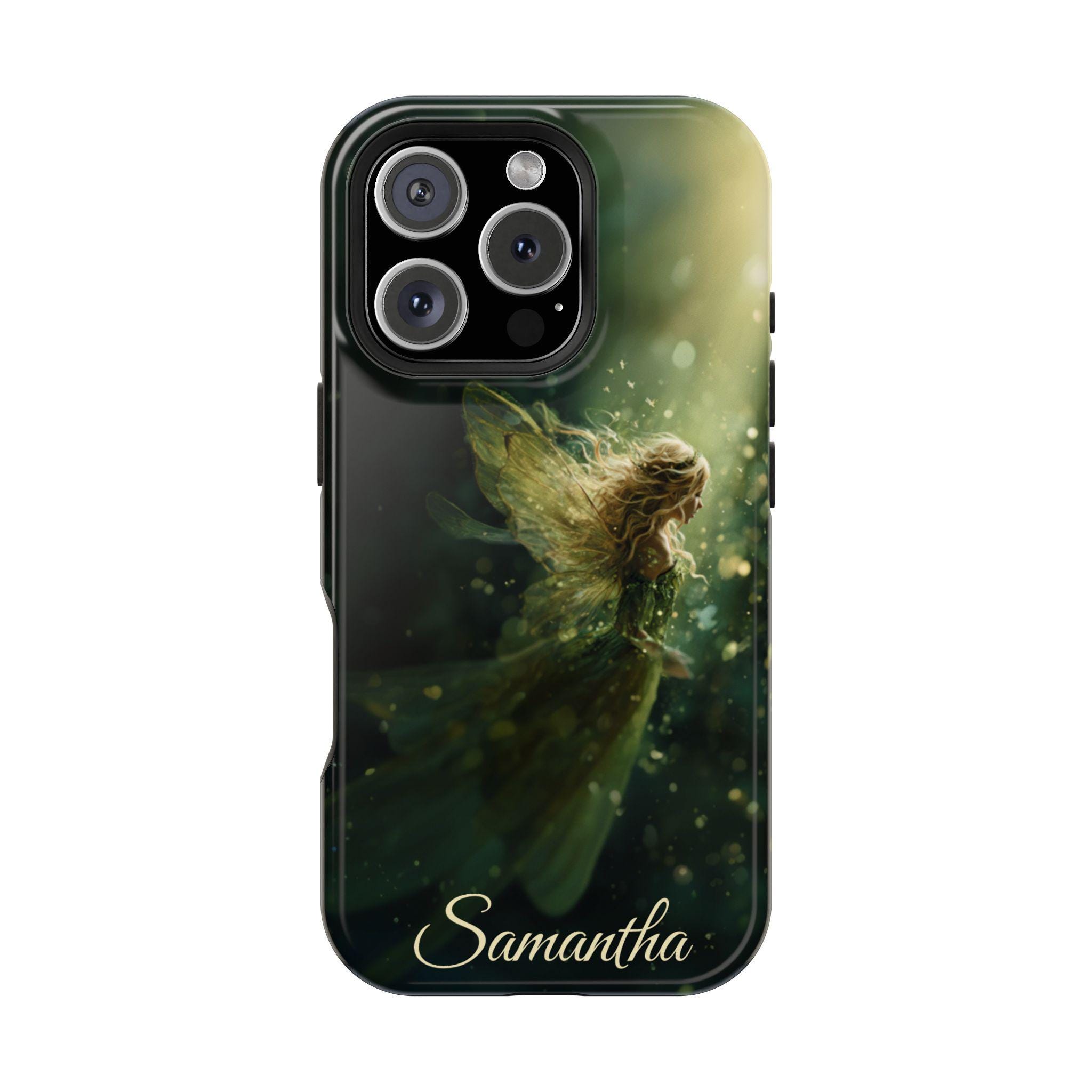 Green Fairy Personalized Magnetic Safe on iPhone 16, iPhone 15, iPhone 14 and iPhone 13 Case. Custom name optional. Green Fairycore fairy.