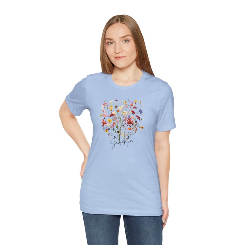 Personalized Boho Wildflower T-Shirt with your name in Script, Custom shirt, custom Wildflower shirt, boho wildflowers, floral shirt Baby Blue