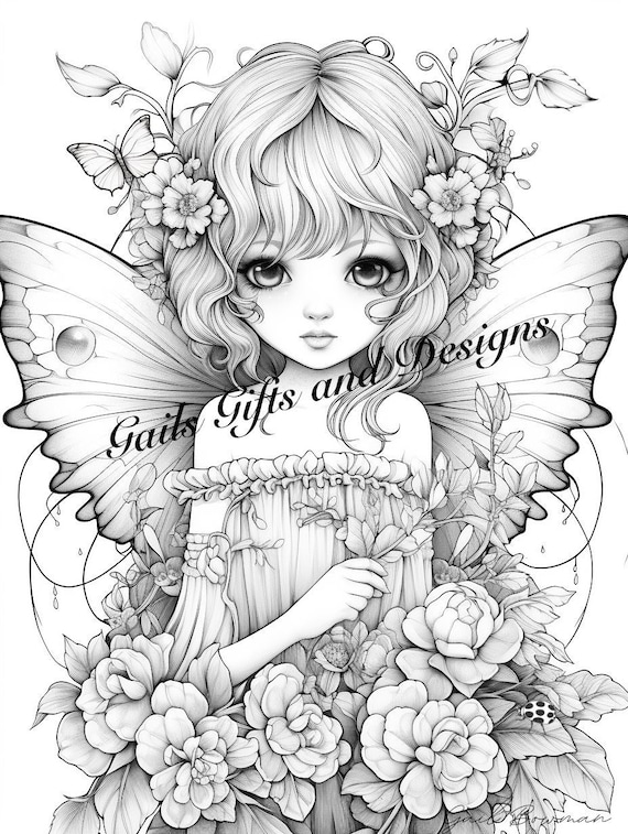 Fairy with Flowers Coloring Page for Adults Downloadable File Book Four, Amazing Fairy, Fairycore fairy with Flowers and a Ladybug