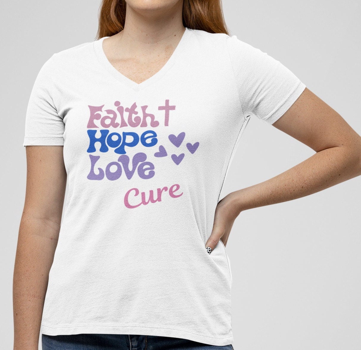 Faith Hope Love Cure V-Neck T-shirt, Cancer Awareness, cancer fighter, cancer warrior, cancer encouragement, cancer gift shirt