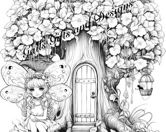 Fairy with Tree House Coloring Page for Adults Downloadable File Book Three, Amazing Fairy, Fairycore fairy with Flowers and Fairy house