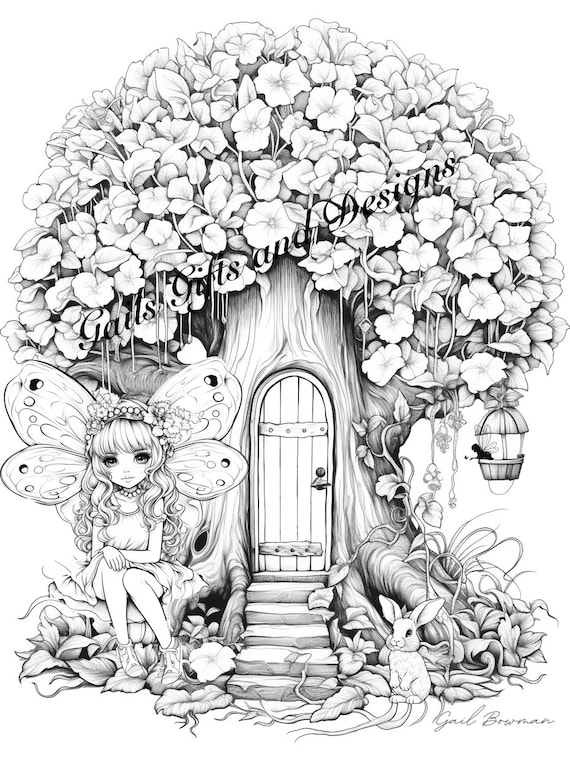 Fairy with Tree House Coloring Page for Adults Downloadable File Book Three, Amazing Fairy, Fairycore fairy with Flowers and Fairy house