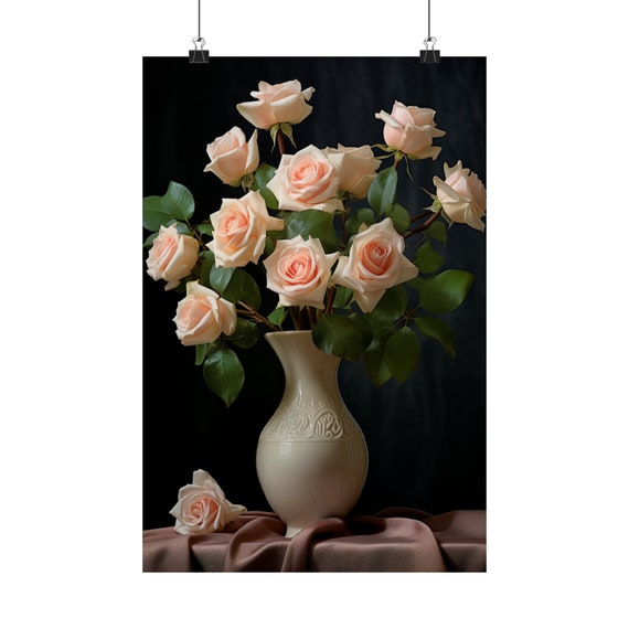 Pink Roses on Black Matte Poster Already Professionally Printed