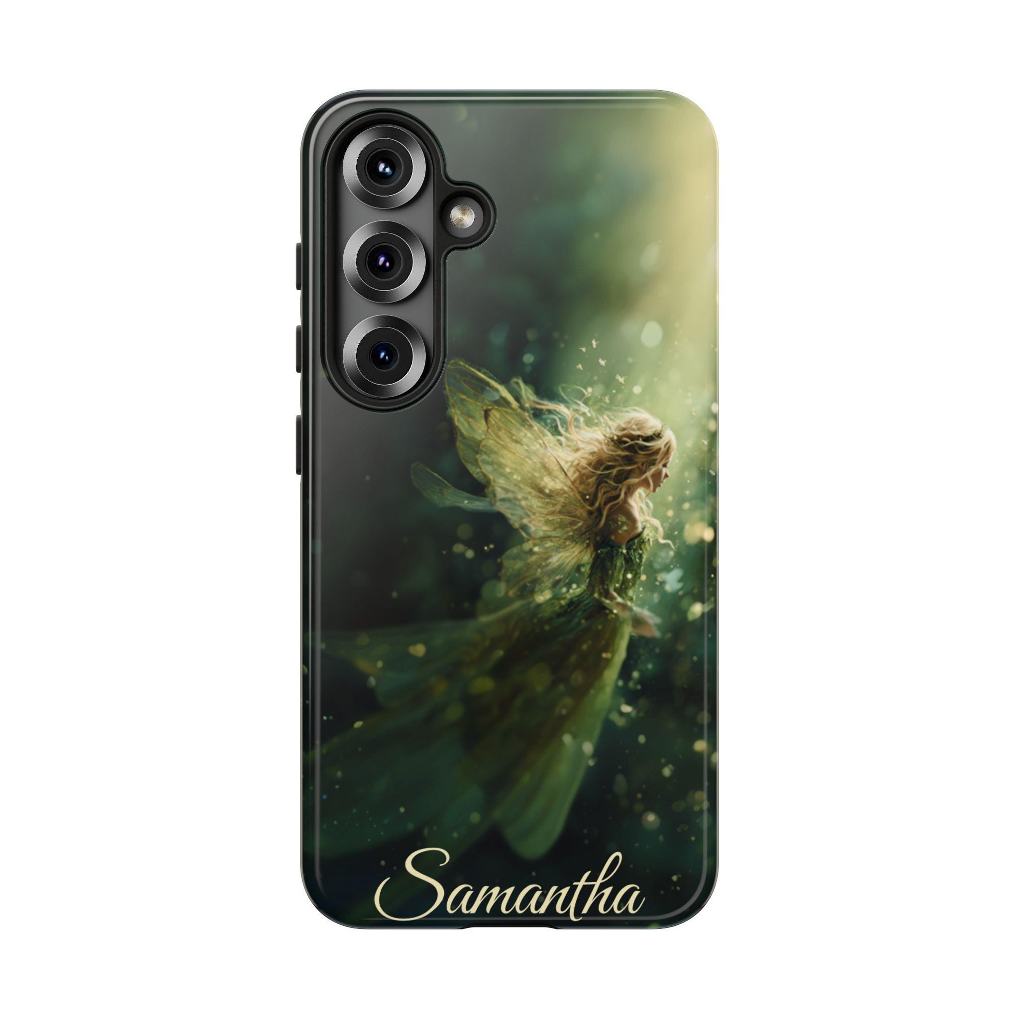 Green Fairy Personalized Samsung Galaxy S25, S24, S23, S22, S21 phone case. Custom name is optional. Amazing Green Fairycore fairy.