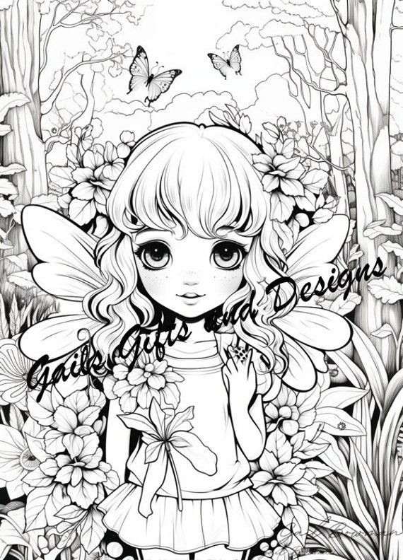 Cute Fairy with Flowers Coloring Page for Adults Downloadable File Book One, Amazing Fairy, Fairycore fairy with Flowers