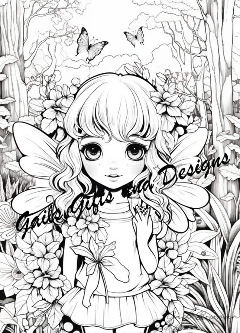 Cute Fairy with Flowers Coloring Page for Adults Downloadable File Book One, Amazing Fairy, Fairycore fairy with Flowers image 1