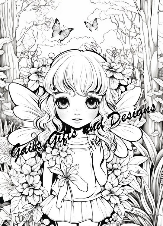 Cute Fairy with Flowers Coloring Page for Adults Downloadable File Book One, Amazing Fairy, Fairycore fairy with Flowers