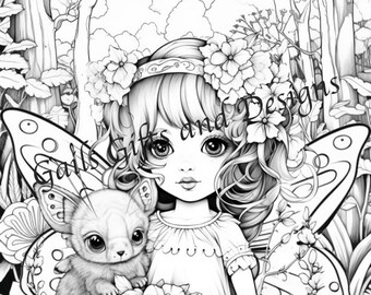Fairies Book of 5 Coloring Pages for Adults Downloadable File Book Five, Amazing Fairycore fairy with Flowers, Toadstools and a Tree House