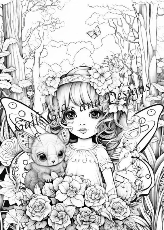 Fairies Book of 5 Coloring Pages for Adults Downloadable File Book Five, Amazing Fairycore fairy with Flowers, Toadstools and a Tree House