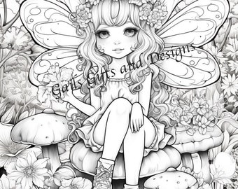 Fairy with Toadstool Coloring Page for Adults Book One, Amazing Fairy, Fairycore fairy with Flowers and Toadstools, Downloadable File
