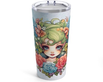 Green Fairy Tumbler 20oz, Amazing Pretty Green Fairycore fairy in beautiful Flowercore colors insulated coffee cup