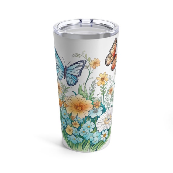 Wildflowers and Butterflies Tumbler 20oz, Amazing Wildflowers beautiful Flowercore colors coffee cup