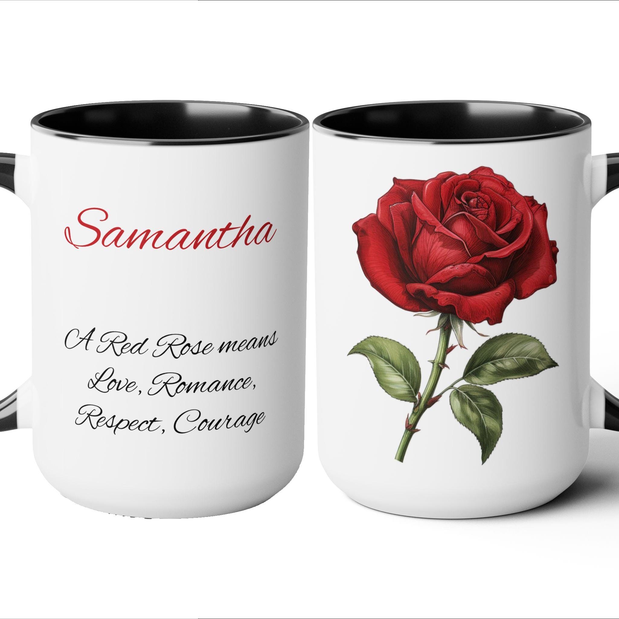 Red Rose Language of Flowers Personalized Coffee Mugs 15oz. Add Custom text on this Red Rose coffee cup to express your love!