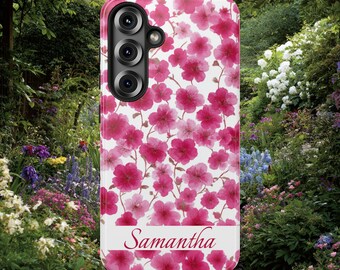 Tiny Pink Flowers Personalized Samsung Galaxy S25, S24, S23, S22, S21 phone case. Custom Samsung Dark Pink and Pink Floral phone case