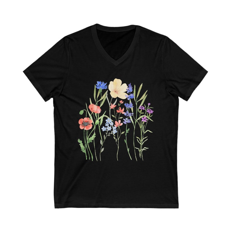 Boho Wildflowers Shirt V-Neck. Nature Shirt, Botanical Shirt, Garden Lover, wildflower, wildflowers, cottagecore Black