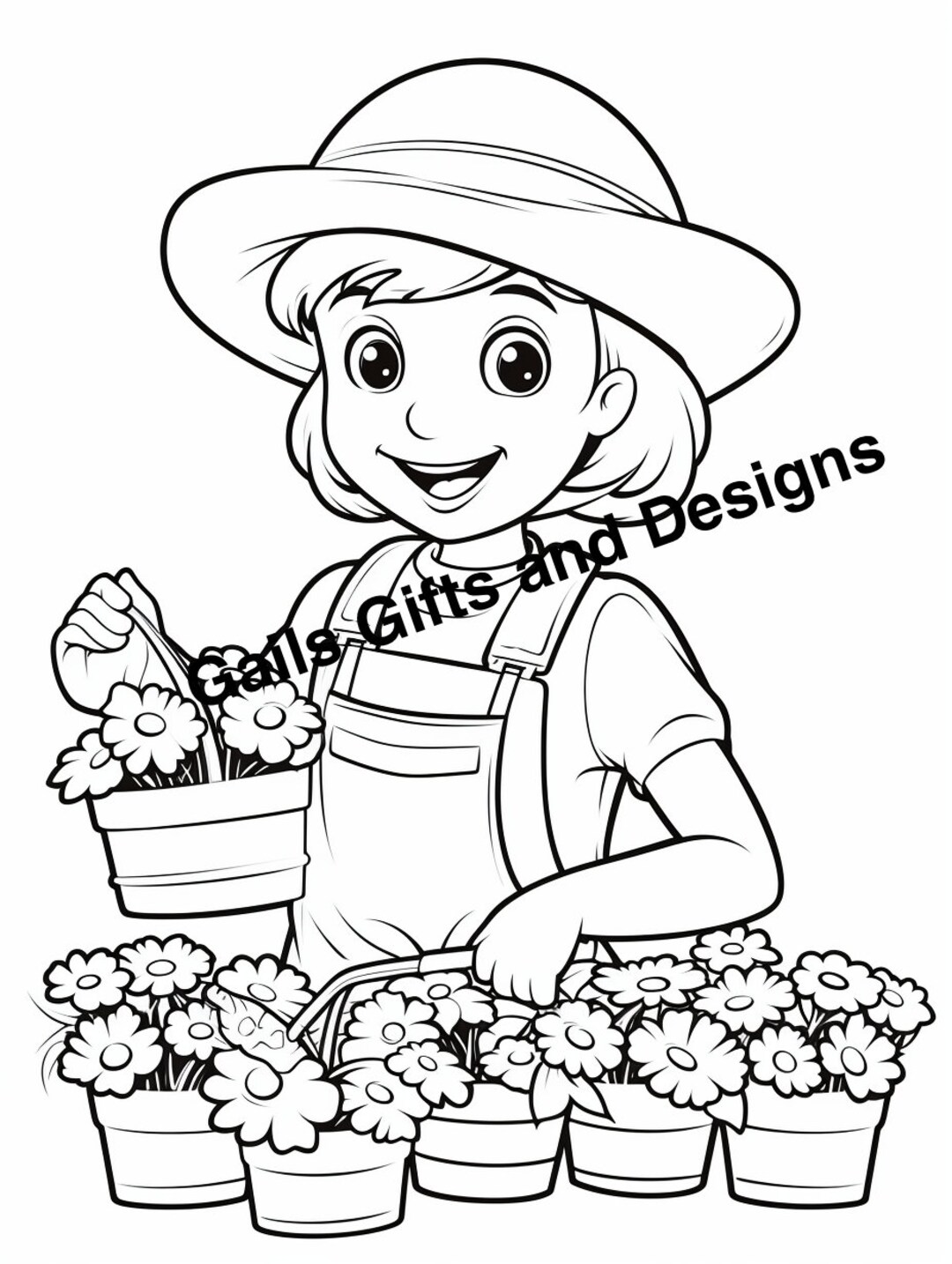 Girl Gardening Coloring Page for Instant Download, Cute Coloring Page of a Girl Dressed Watering ...