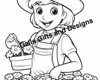 Girl gardening Coloring Page for Instant Download, Cute coloring page of a girl dressed watering flowers in a pot garden
