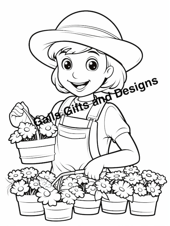 Girl gardening Coloring Page for Instant Download, Cute coloring page of a girl dressed watering flowers in a pot garden