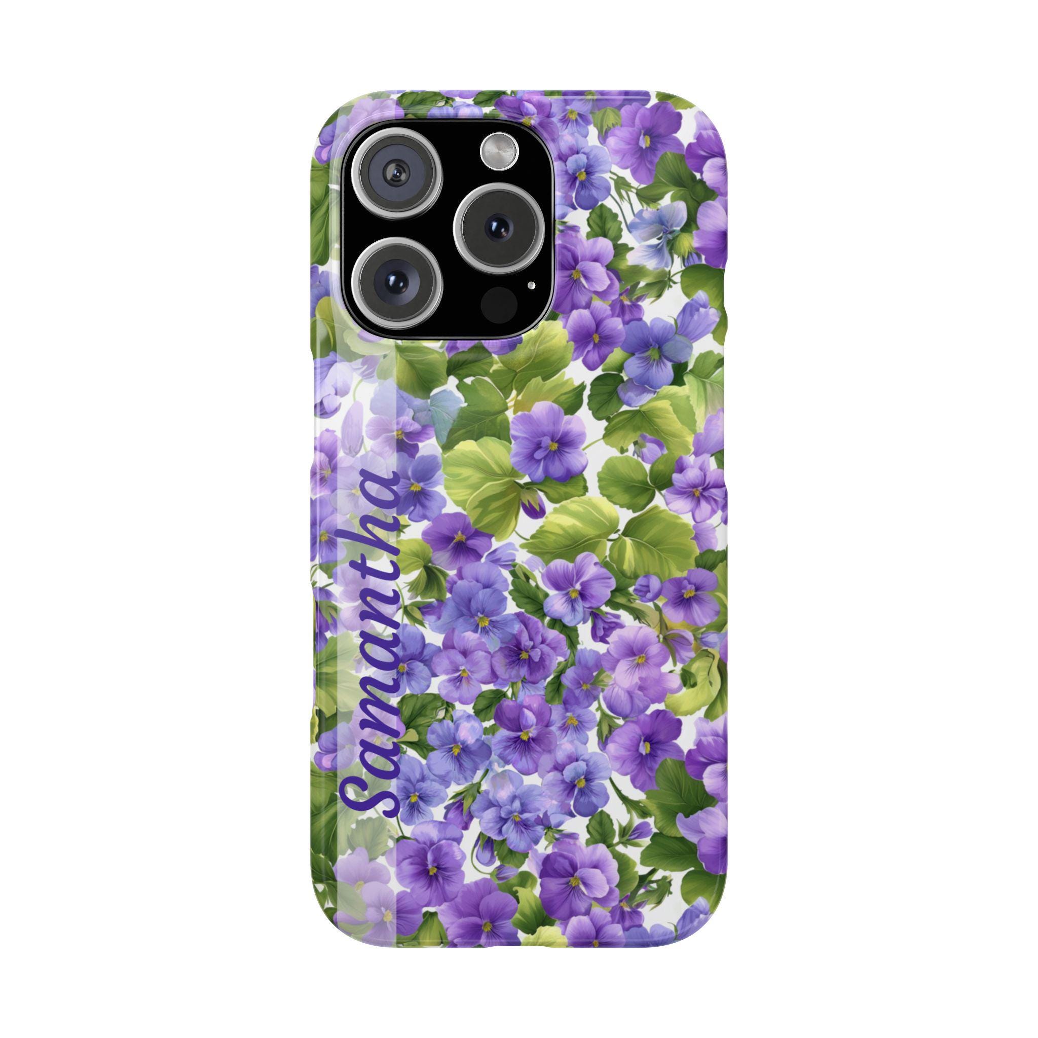 Tiny Violets Personalized iPhone 16, iPhone 15, iPhone 14, iPhone 13, iPhone 12 Case. Custom Name is Optional. Violets, Pansies and greens.